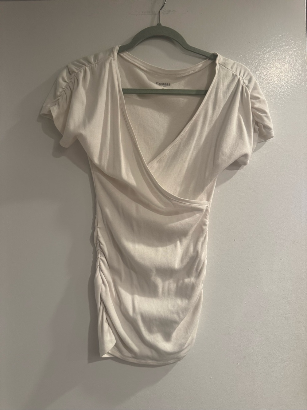 Y2K Express White Wrap-Front Ruched Short Sleeve Top XS Sexy Fitted Basic Tee